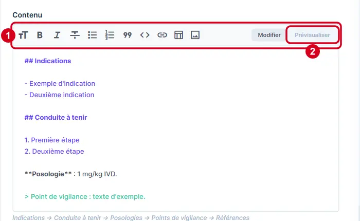 Champ Contenu : barre d'outils (1) et bouton Prévisualiser (2) entourés, texte d'exemple avec titres et listes