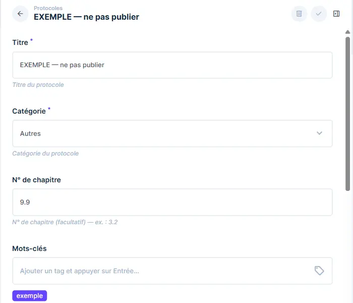 Haut du formulaire d'un protocole : Titre, Catégorie, N° de chapitre, Mots-clés, chacun avec sa note d'aide