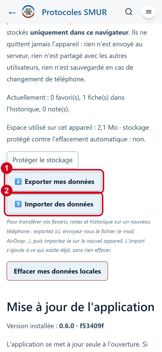 Réglages : boutons « Exporter mes données » (1) et « Importer des données » (2) entourés