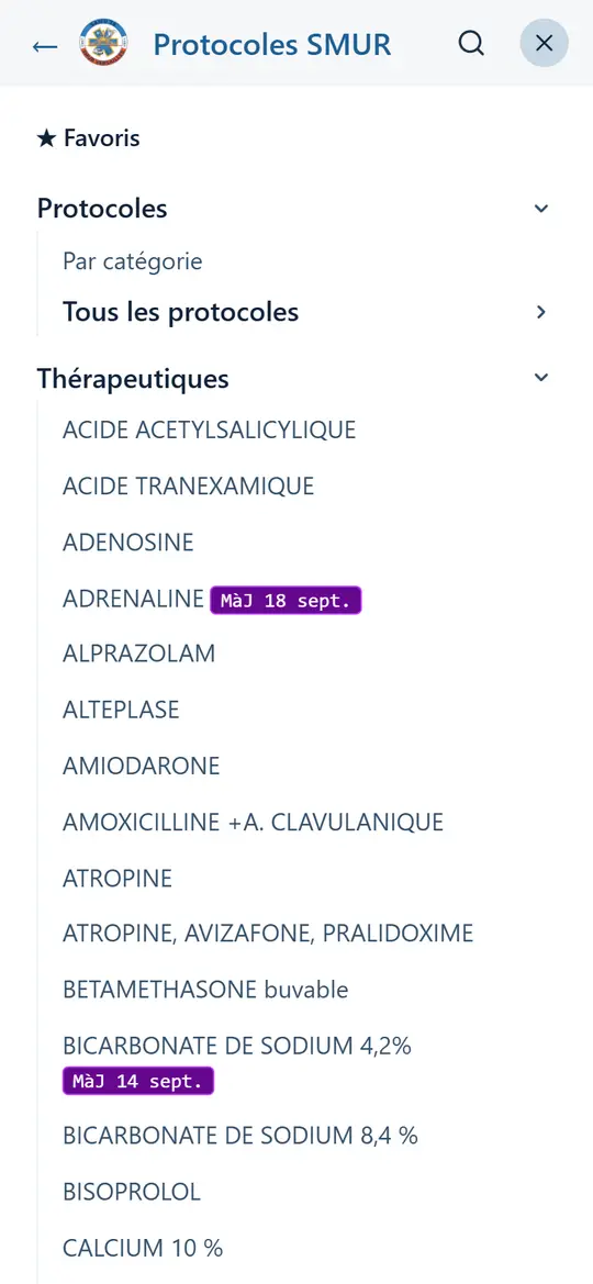 Le menu ouvert : Favoris, Protocoles, puis la liste des thérapeutiques